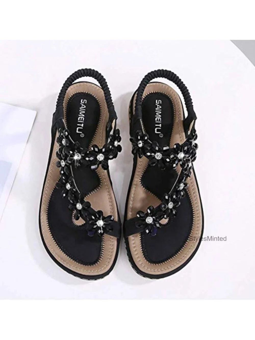 Women's Bohemian Flat Sandals with Crystal Embellishment - Open Toe Gladiator